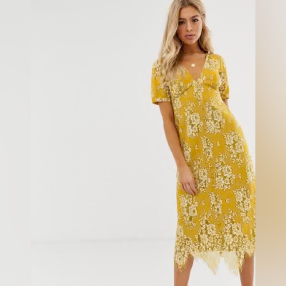 ASOS Mustard Yellow Lace Button Front Midi Dress Size 6 - Picture 2 of 11